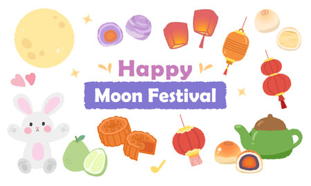 A motif celebrating the Mid-Autumn Festival with mooncakes, lanterns, and full moon elementsのイラスト素材