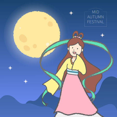 Chang'e admires the moon on a starry night to celebrate the arrival of the Mid-Autumn Festivalのイラスト素材