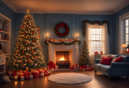 Cozy Christmas Living Room Decorated with Festive Ornaments and Glowing Fireplace Generated by AIの素材