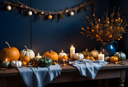 Autumnal Still Life with Pumpkins and Candles - Generated by AIâの素材