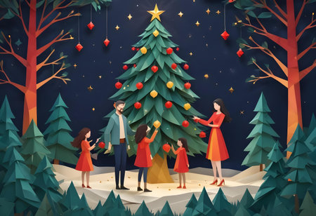 Family Decorating Christmas Tree in a Festive Forest Scene - Generated by AIの素材