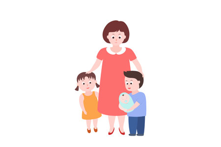 Mother and three children. Newborn baby. Happy Single parent family.のイラスト素材