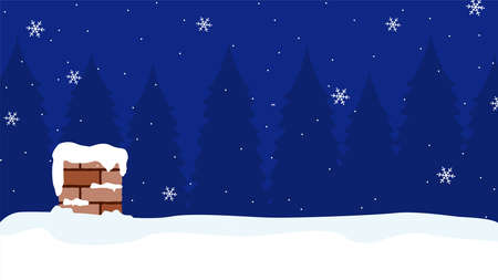 Outdoor fir forest snow scene at night in winter. Roof and chimney covered with snow on the blue blackground with snow and fir. Christmas vector illustration.のイラスト素材