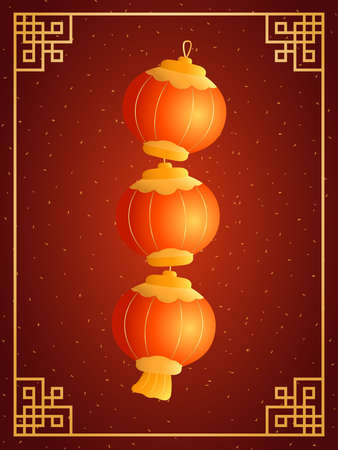 Lanterns isolated on red background with chinese traditional golden frame. Vector illustration of spring festival decoration elements.のイラスト素材