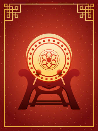 Drum isolated on red background with chinese traditional golden frame.Vector illustration of traditional chinese musical instrument.のイラスト素材