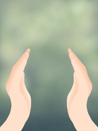 A pair of human hands gesture of care and protection isolated on green background. Body part abstrct...