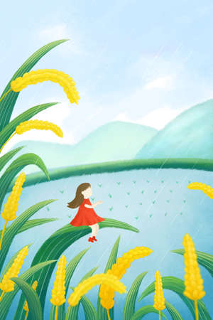 Grain in Ear illustration. Littlte girl sits on the leaf of grain.の写真素材
