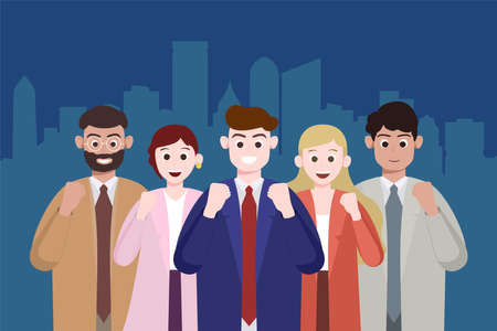 Business concept. Group of multiracial business people in suits are cheering up and smiling with their fists on. Business team stands together on the background of skyline. Flat cartoon style.のイラスト素材