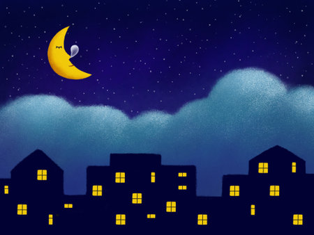 The crooked moon sleeps in the starry night sky. Houses in the city with lights from the windows at night.の写真素材