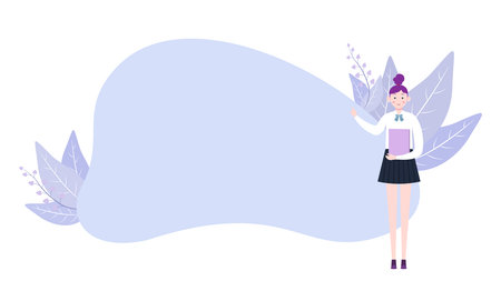 Businesswoman or student holding a book points to the blank board. Business or education vector illustration background.のイラスト素材
