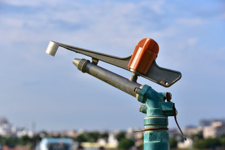 Full circle metal rain gun for irrigation or dust removal. Drip irrigation system. Agricultural and...
