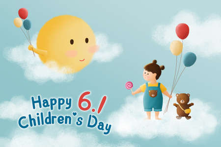 Happy Children's Day. Mr Sun smiling to the little girl and teddy bear in the blue sky.の写真素材
