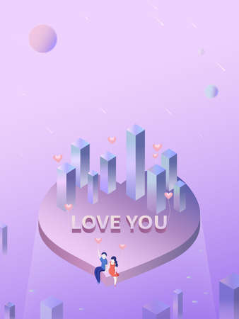 Valentine's Day, Qixi Festival, 520 love illustration background. Lovers holding hands sitting in the sky city.の販売画像