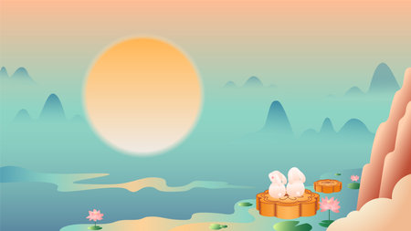 China chic illustration of Mid-Autumn Festival. Two rabbits in the lotus pond sit on the moon cakes and admire the moon.のイラスト素材
