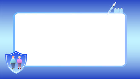 Background of medical illustration for elderly vaccinations. Old man and woman stand in front of the shield.のイラスト素材