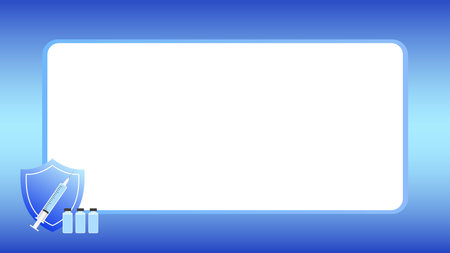 Medical illustration background for vaccinations. Blue frame and white blank board with syringe, injection and shield at the corner.のイラスト素材