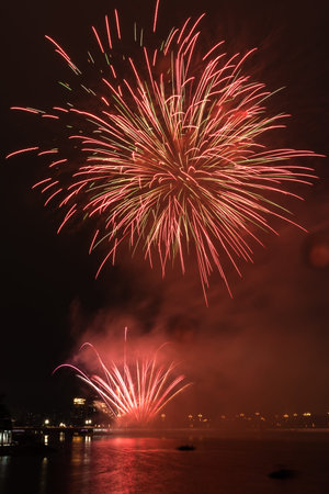 Beautiful fireworks exploded over the Dong river in DongGuang, China. Chinese New Year and Lantern...