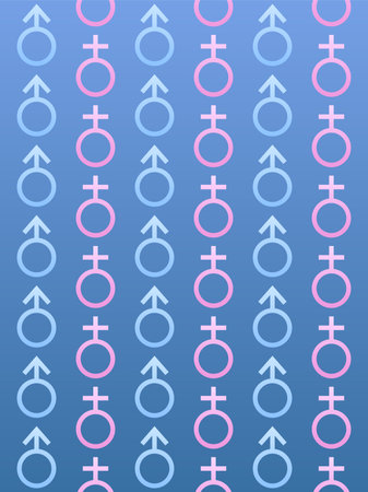 Seamless gender icons isolated on blue background. Male and female swiping each other, make friends and dating online. Intimate relationship illustration.のイラスト素材