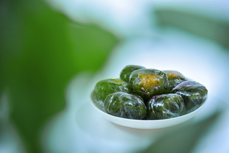 A plate of Qingtuan stuffed with egg yolk and dried meat floss. Traditional seasonal Chinese delicacies in Jiangnan area around the time of Tomb Sweeping Day.の写真素材