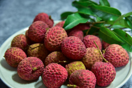 Nuomici, one of the most popular litchi cultivars. Summer Seasonal tropical Fruits.の写真素材