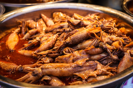 Juicy squids in a bowl. Chinese Delicacy of Small Seafood Dunked in Flavorful Sauce.