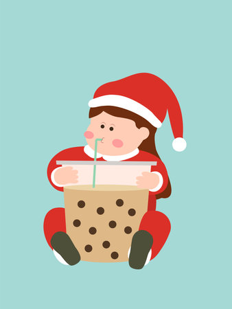 A little girl dressed in Christmas costume drinks bubble milk tea.のイラスト素材