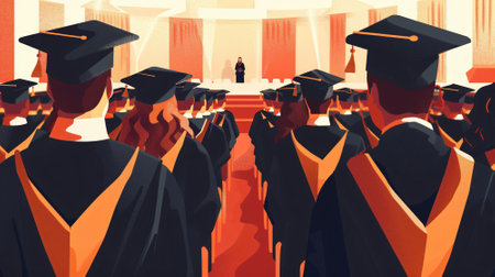 College students in bachelor's gowns attend graduation ceremony in school hall. Education illustration.の素材