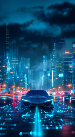 An artificial intelligence car with a blue glowing outline is driving on a city road with flashing lights at night. There are circuits on the road surface. The sense of future techの素材