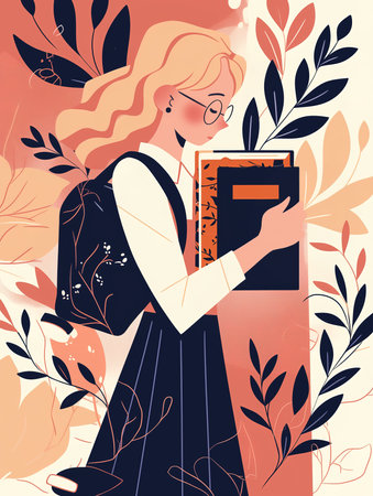 Girl with a backpack holds books on a plant background. Education illustration.の素材