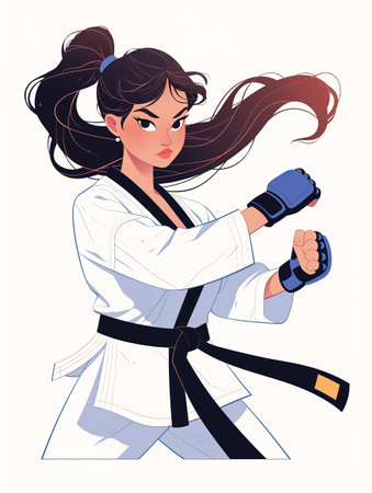 An female judoka in a defensive stance.の素材