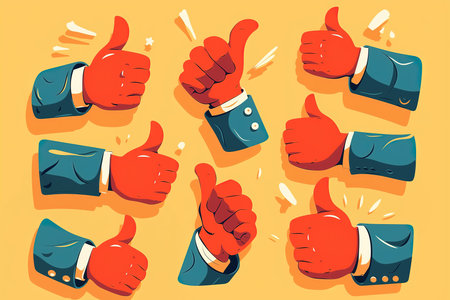 A bunch of red thumbs up patterns. Set of hand gestures.の素材
