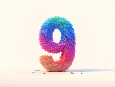 3d colorful fluffy number "9" isolated on white background.の素材