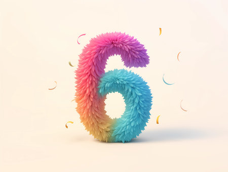 3d colorful plush number "6" isolated on white background.の素材