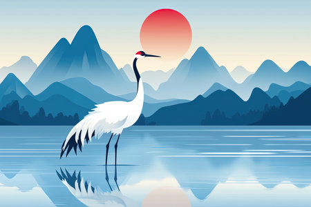 A crane stands on a calm lake with mountains and rivers as the background. Chinese style illustration.の素材