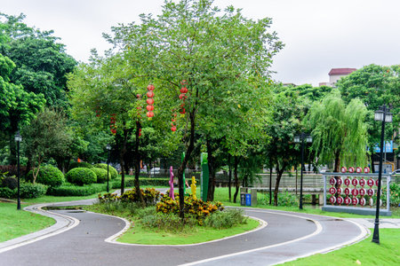 Scenery of Longhu Park in Sangyuan, Dongcheng District, Dongguan, China. Trees and runway.