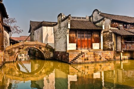Houses along with Canal at Wu Zhen in Chinaの写真素材