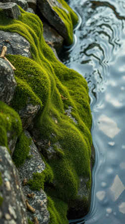 Vibrant green moss blankets gray rocks bordering a tranquil stream. The water reflects the soft light, creating gentle ripples. The scene suggests a quiet, natural setting.の写真素材