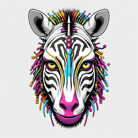 Zebra head vector illustration. Zebra head with colorful feathers.の素材