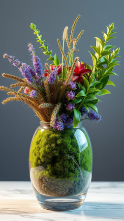 A colorful bouquet of wildflowers including purple, red, and other flowers, grasses and greenery are artfully arranged in a clear glass vase. The vase contains a bed of preserved moss.の写真素材