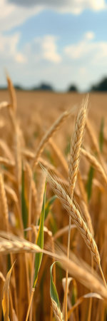 A close-up shot of wheat stalks in a field. The stalks are tall and slender, with golden grain at...