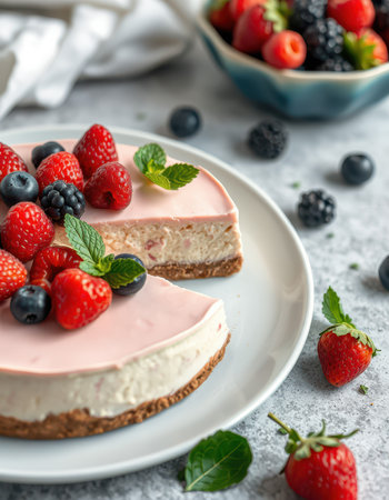 Delicious strawberry cheesecake, topped with fresh berries, sits on a white plateの素材