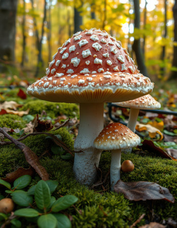 Autumn mushrooms thrive amidst moss and fallen leaves in a European forestの素材