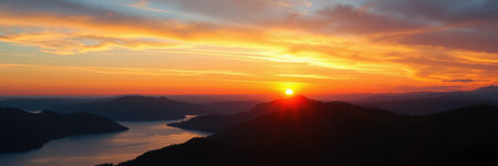A panoramic view captures a vivid sunriseの素材