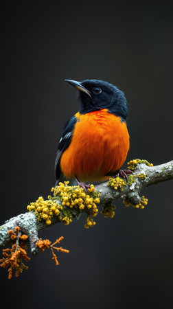 A striking bird with bright orange breast and black head and back is perched on a tree branch. The...