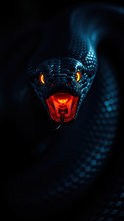 Captivating black snake with glowing orange eyes ready to strike in a dark environmentの素材