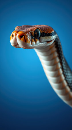 Close-up of a vibrant snake against a blue background showcasing its intricate patterns and expressive eyesの素材