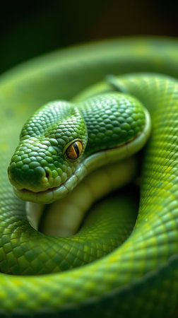 Green tree python resting among lush foliage in a tropical environment showcasing its vibrant scales and expressive eyesの素材