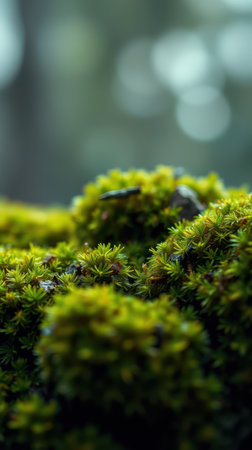 Vibrant green moss covers rocky terrain in a serene forest setting during a misty morningの素材