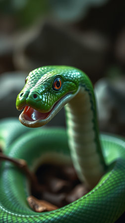 Green snake with vibrant scales and expressive eyes resting among rocks in a natural settingの素材