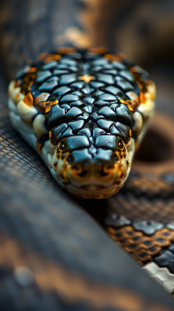 Close-up view of a colorful snake highlighting its unique scales and patterns in a natural habitatの素材